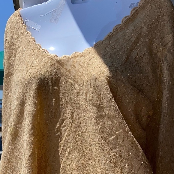 Avenue X gold lace sparkling top with scalloped wide vee neckline. 3/4 sleeves - Picture 2 of 8